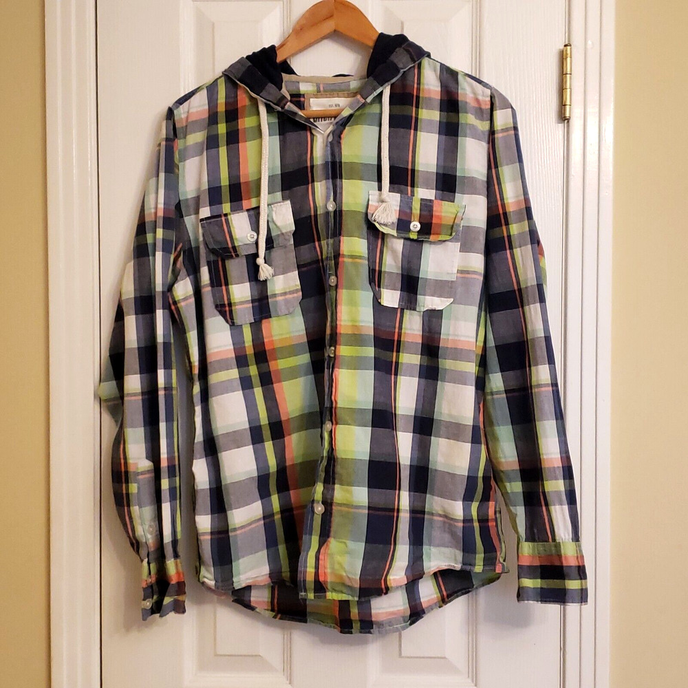 Ditch Plains Mens Long Sleeve Button Up Hooded Shirt Blue Green Plaid Medium